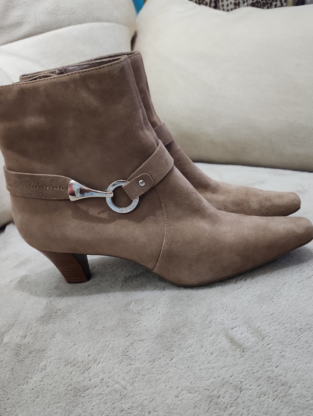 Anne Klein Taupe Suede Pointed Toe Ankle Boots with Silver Ring Accent